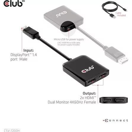 Club 3D MST Hub - CSV-7200H (DisplayPort 1.4 to 2x HDMI, 2x 4K60Hz)