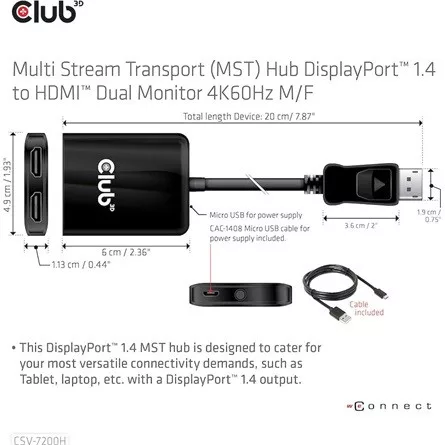 Club 3D MST Hub - CSV-7200H (DisplayPort 1.4 to 2x HDMI, 2x 4K60Hz)