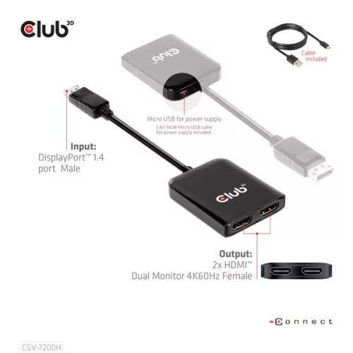 Club 3D MST Hub - CSV-7200H (DisplayPort 1.4 to 2x HDMI, 2x 4K60Hz)