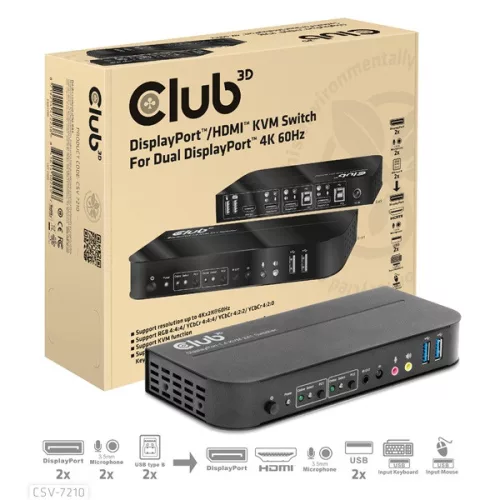 Club 3D KVM Switch - CSV-7210 (Dual DP, 4K60Hz, HDMI, KVM, IR távirányító)
