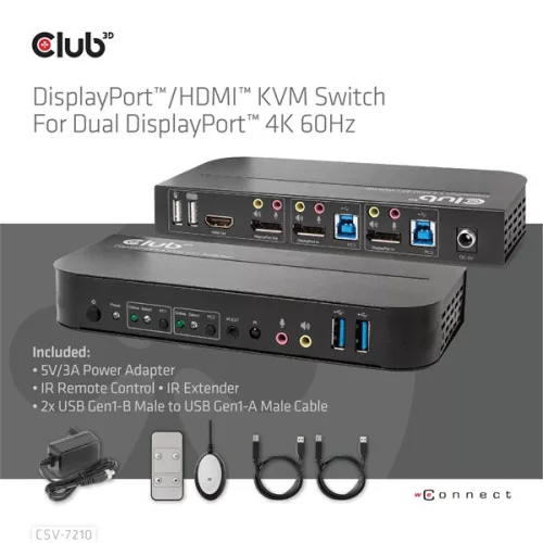Club 3D KVM Switch - CSV-7210 (Dual DP, 4K60Hz, HDMI, KVM, IR távirányító)