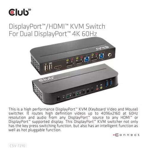 Club 3D KVM Switch - CSV-7210 (Dual DP, 4K60Hz, HDMI, KVM, IR távirányító)