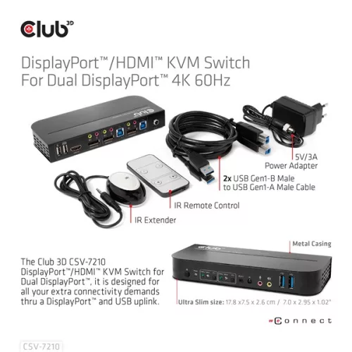 Club 3D KVM Switch - CSV-7210 (Dual DP, 4K60Hz, HDMI, KVM, IR távirányító)