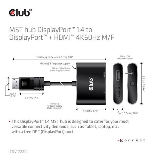 Club 3D USB Hub - CSV-7220 (Multi Stream, DisplayPort 1.4 to DisplayPort + HDMI, 2x4K60Hz)
