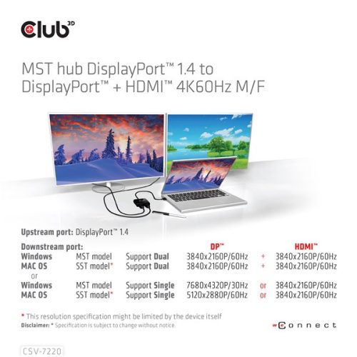 Club 3D USB Hub - CSV-7220 (Multi Stream, DisplayPort 1.4 to DisplayPort + HDMI, 2x4K60Hz)