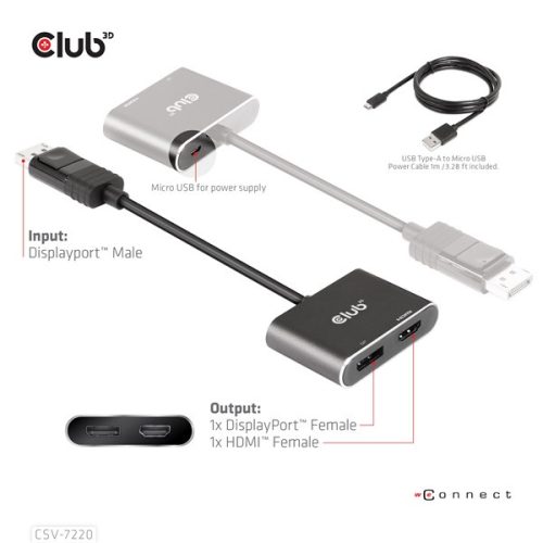 Club 3D USB Hub - CSV-7220 (Multi Stream, DisplayPort 1.4 to DisplayPort + HDMI, 2x4K60Hz)