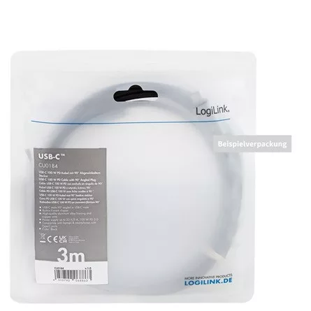 LogiLink USB-C -> USB-C M/M adatkábel 1m fekete-szürke egyenes/90°, E-mark, PD