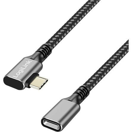Logilink USB 3.2 Gen2 Type-C kábel, C/M 90  - USB-C/F, PD, AV, alu, fekete/szürke, 0,5 m