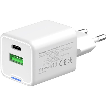 COLORWAY AC töltő GaN Mini CW-CHS053PD-WT 30W PD port PPS USB (Type-C PD + USB QC4.0) fehér