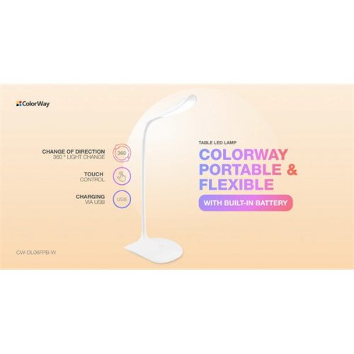 COLORWAY Asztali LED lámpa beépített akkumulátor, flexibilis, 5500-6000k, 115 lm, fehér (CW-DL06FPB-W)