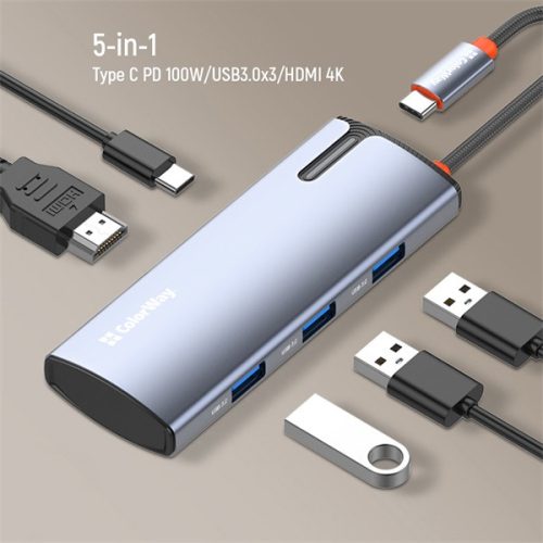 COLORWAY USB-elosztó (dokkolóállomás) CW-HUB01, ColorWay USB-C 5-b-1 Type C PD 100W/USB3.0x3/HDMI 4K