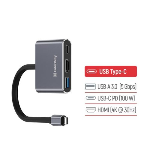COLORWAY USB hub (dokkolóállomás) ColorWay USB-C 3 az 1-ben Type C PD 100W/USB3.0/HDMI 4K (CW-HUB08)
