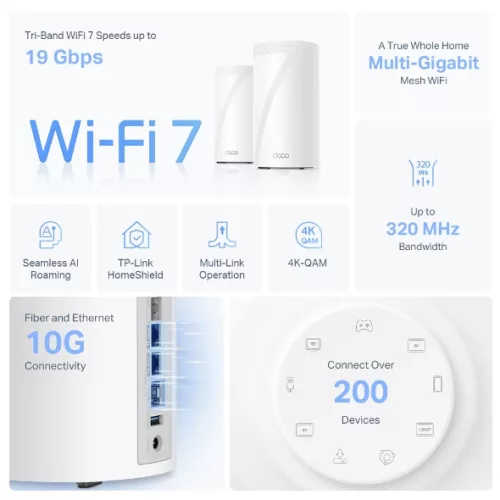 TP-LINK Deco BE85(2-pack) BE19000 egész otthont lefedő Mesh Wi-Fi 7 rendszer