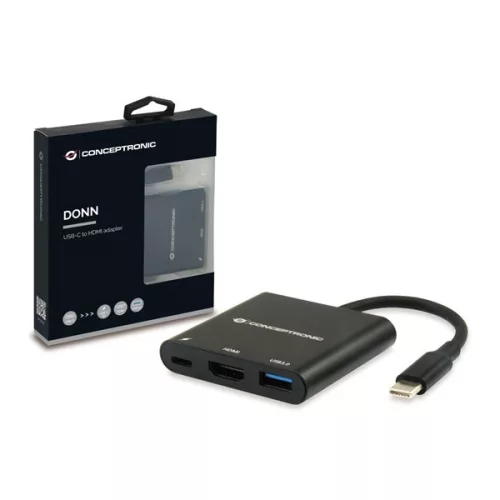 Conceptronic Notebook Dokkoló - DONN01B (Bemenet: USB-C, Kimenet: HDMI+USB-C PD:60W+USB-A 3.0, fekete)