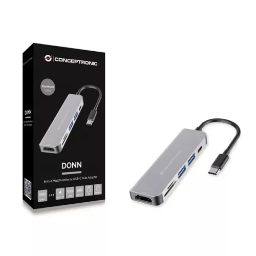 Conceptronic Notebook Dokkoló - DONN02G (Bemenet: USB-C, Kimenet: HDMI+USB-C PD:60W+USB-A+SD/TF, szürke)