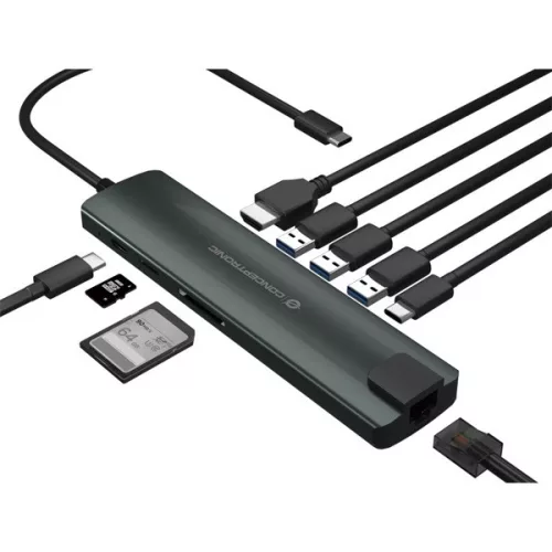 Conceptronic Notebook Dokkoló - DONN06G (Bemenet: USB-C, Kimenet: HDMI+USB-C PD:60W+USB-A+SD/TF+RJ-45, fekete)