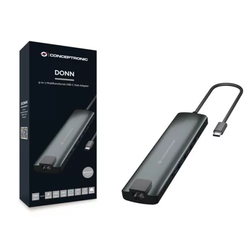 Conceptronic Notebook Dokkoló - DONN06G (Bemenet: USB-C, Kimenet: HDMI+USB-C PD:60W+USB-A+SD/TF+RJ-45, fekete)