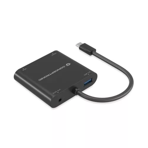 Conceptronic Notebook Dokkoló - DONN09B (Bemenet: USB-C, Kimenet: HDMI+VGA+USB-A+AUX, fekete)