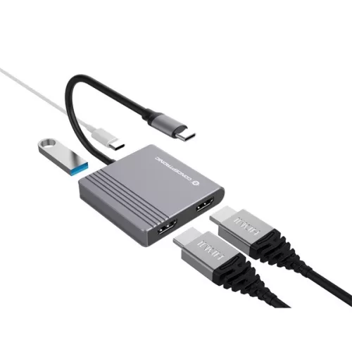 Conceptronic Notebook Dokkoló - DONN13G (Bemenet: USB-C, Kimenet: 2xHDMI+USB-C PD:100W+USB-A, ezüst)