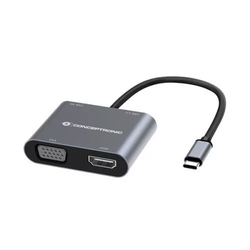 Conceptronic Notebook Dokkoló - DONN16G (Bemenet: USB-C, Kimenet: HDMI+VGA+USB-A PD:100W, ezüst)