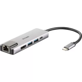   D-Link DUB-M520 5-in-1 5-portos USB-C USB3.0 HDMI RJ45 hub ezüst (HDMI: 4K@30Hz, USB-C out: PD/DisplayPort)