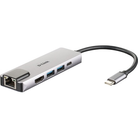 D-Link DUB-M520 5-in-1 5-portos USB-C USB3.0 HDMI RJ45 hub ezüst (HDMI: 4K@30Hz, USB-C out: PD/DisplayPort)