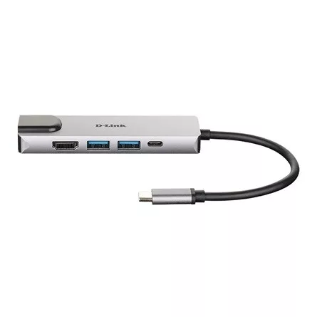 D-Link DUB-M520 5-in-1 5-portos USB-C USB3.0 HDMI RJ45 hub ezüst (HDMI: 4K@30Hz, USB-C out: PD/DisplayPort)