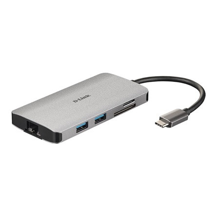 D-Link DUB-M810 8-in-1 USB-C USB3.0 HDMI RJ45 hub ezüst (HDMI: 4K@30Hz, USB-C out: 100W, SD, microSD)