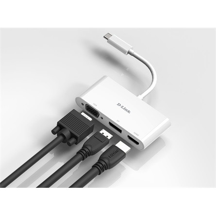 D-Link 3-in-1 USB-C / Thunderbolt -> 1db HDMI 1.4 1db DisplayPort 1.2 1db VGA M/F aktív adapter 0.15m fehér