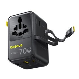   Baseus EnerCore CG11 töltőállomás, 70W, 1×AC + 2×USB Type-A + 1×USB Type-C + 1×USB Type-C automata behúzós kábel, fekete