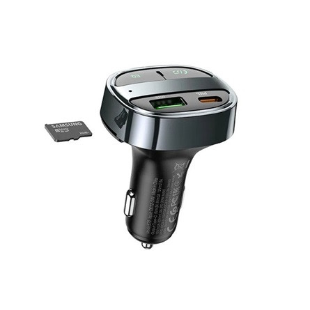HOCO E70 bluetooth FM transmitter autós töltő USB+Type-C aljzat (30W, PD gyorstöltő 3.0, microSD, LED kijelző) FEKETE