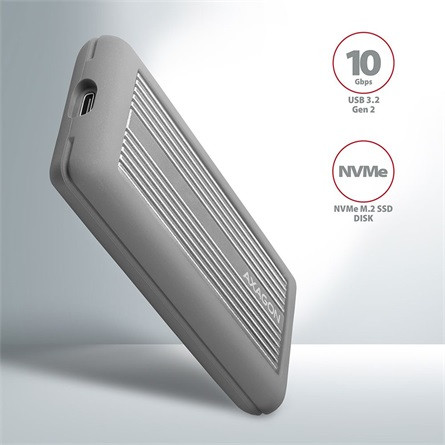 Axagon EEM2-XS M.2 2280 PCIe NVMe USB3.2 Gen 2×1 C külső ház ezüst ütésálló (Radiator Box fém hűtés + szilikon)