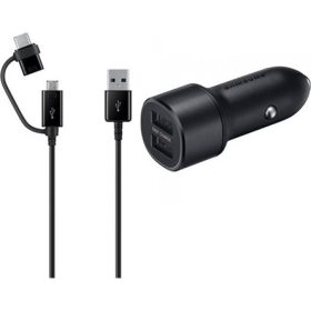   SAMSUNG autós töltő 2 USB aljzat (15W, gyorstöltő, LED + Type-C/microUSB kábel) FEKETE (Gigapack csomagolás)