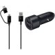 SAMSUNG autós töltő 2 USB aljzat (15W, gyorstöltő, LED + Type-C/microUSB kábel) FEKETE (Gigapack csomagolás)