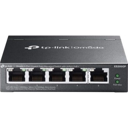 TP-Link Switch Menedzselhető PoE - ES205GP (Omada; 5x 1Gbps; 4x af/at PoE+ port; 65W)