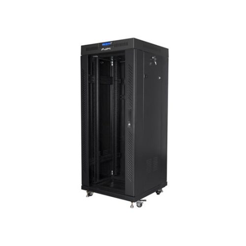 Lanberg 19" szabadon álló rack szekrény 27U/600X600 üvegajtó, lapraszerelt, LCD kijelző, fekete V2