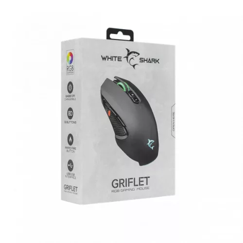 WHITESHARK WHITE SHARK GRIFLET (GM-5011) gamer egér, 8D, fekete, 6400 dpi, RGB