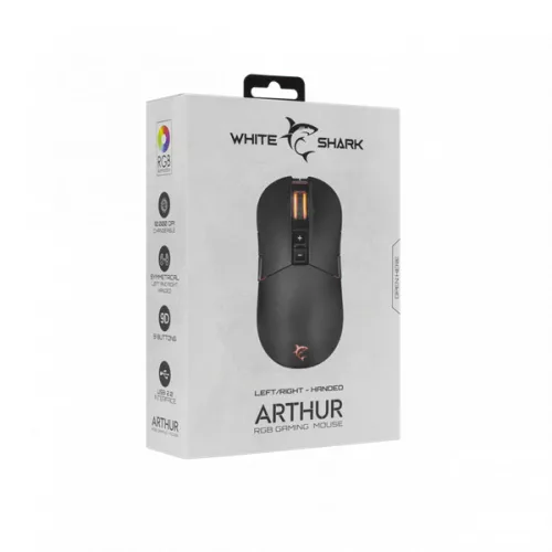 WHITESHARK WHITE SHARK ARTHUR (GM-9005) gamer egér, 9D, fekete, 10000 dpi, RGB