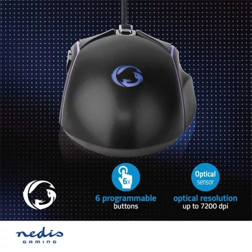 Nedis GMWD510BK gamer egér, állítható 800 / 1200 / 2400 / 3200 / 4800 / 7200 dpi | Gombok száma: 6 | RGB