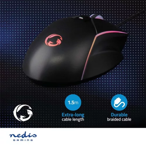 Nedis GMWD510BK gamer egér, állítható 800 / 1200 / 2400 / 3200 / 4800 / 7200 dpi | Gombok száma: 6 | RGB