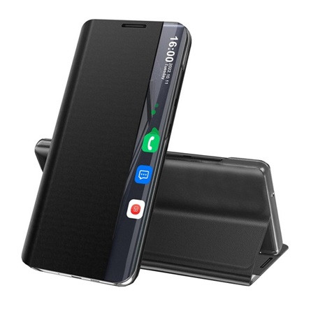 Gigapack iPhone 12 Gigapack tok álló, textil hatású aktív FLIP, Smart View Cover, FEKETE