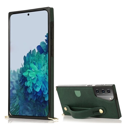 Gigapack Samsung S21 Plus Gigapack Szilikon telefonvédő ütésállóság, bőrhatású hátlap + kézpánt + vállpánt, SÖTÉTZÖLD