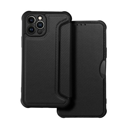 Gigapack iPhone 14 Pro Max Gigapack tok álló, bőr hatású FLIP, karbon minta, FEKETE
