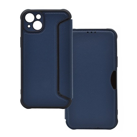 Gigapack iPhone 14 Plus Gigapack tok álló, bőr hatású FLIP, karbon minta, SÖTÉTKÉK