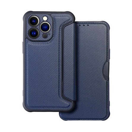 Gigapack iPhone 14 Pro Max Gigapack tok álló, bőr hatású FLIP, karbon minta, SÖTÉTKÉK