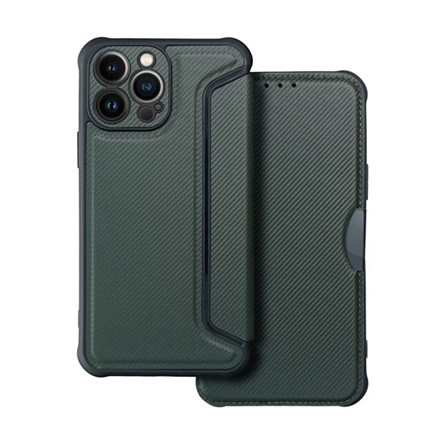 Gigapack iPhone 13 Pro Max Gigapack tok álló, bőr hatású FLIP, karbon minta, SÖTÉTZÖLD