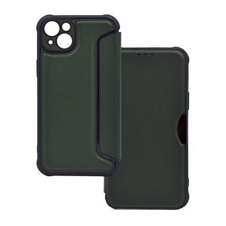 Gigapack iPhone 14 Plus Gigapack tok álló, bőr hatású FLIP, karbon minta, SÖTÉTZÖLD