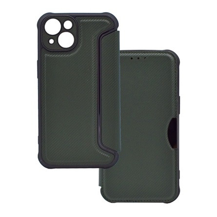 Gigapack iPhone 14 GIGAPACK tok álló, bőr hatású FLIP, karbon minta, SÖTÉTZÖLD