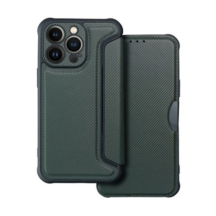 Gigapack iPhone 13 Pro Gigapack tok álló, bőr hatású FLIP, karbon minta, SÖTÉTZÖLD
