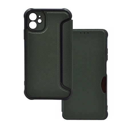 Gigapack iPhone 11 Gigapack tok álló, bőr hatású FLIP, karbon minta, SÖTÉTZÖLD